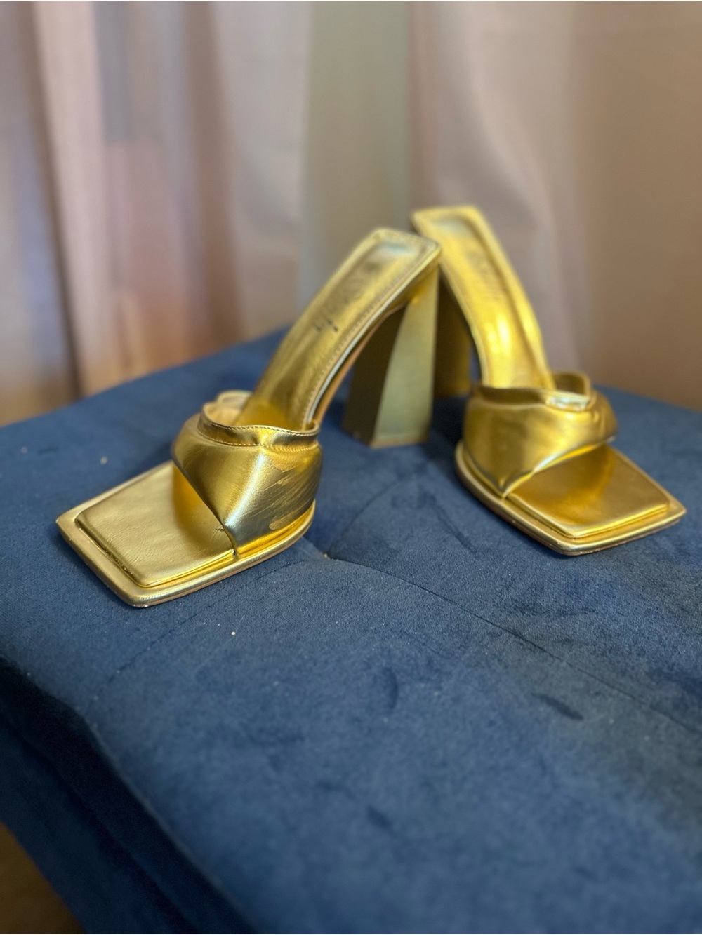 Gold Square-Toe High Heel Slide Sandals